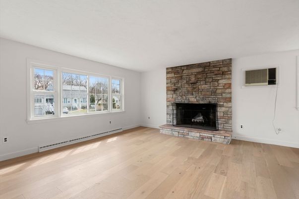 Empty room, Fireplace, Interior, Stone Walls, Wood Texture Flooring