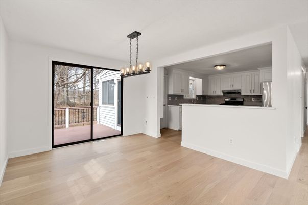 Chandelier, Interior, Kitchen, Pendant Lights, Stainless Steel Appliances, Wood Texture Flooring