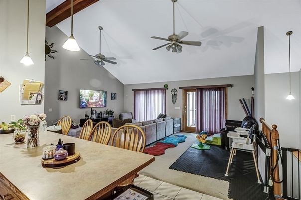 Dining room, Fireplace, Interior, Living room, Pendant Lights, Wooden Beams