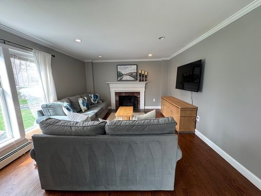 Fireplace, Interior, Living room, Recessed Lighting, Wood Texture Flooring
