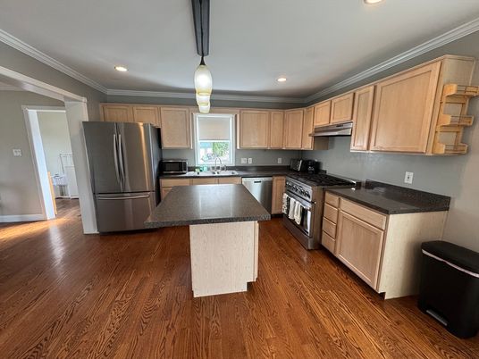Interior, Kitchen, Pendant Lights, Recessed Lighting, Stainless Steel Appliances, Wood Texture Flooring