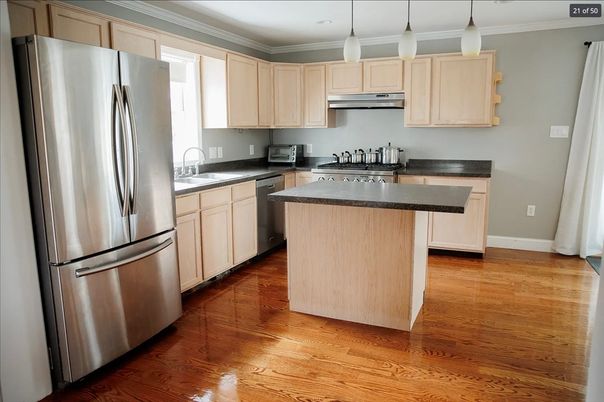 Interior, Kitchen, Pendant Lights, Stainless Steel Appliances, Wood Texture Flooring