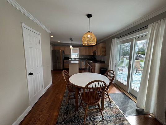 Dining room, Interior, Kitchen, Pendant Lights, Recessed Lighting, Stainless Steel Appliances, Wood Texture Flooring