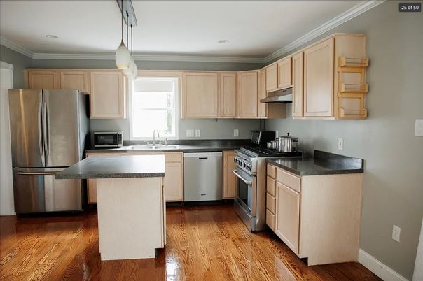 Interior, Kitchen, Pendant Lights, Recessed Lighting, Stainless Steel Appliances, Wood Texture Flooring