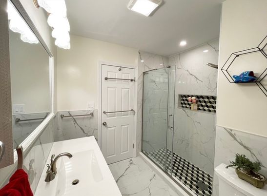 Bathroom, Glass Shower, Interior, Marble, Marble Walls, Recessed Lighting