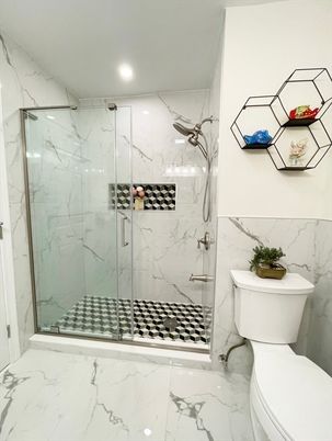 Bathroom, Glass Shower, Interior, Marble, Marble Walls, Recessed Lighting