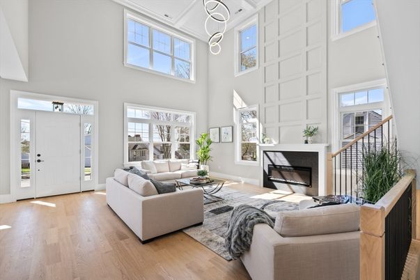Fireplace, Interior, Living room, Pendant Lights, Wood Texture Flooring