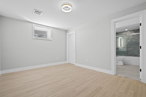 Bathroom, Empty room, Glass Shower, Interior, Wood Texture Flooring