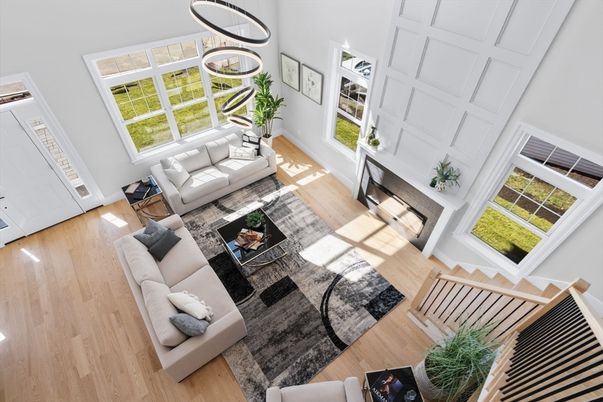 Fireplace, Interior, Living room, Pendant Lights, Wood Texture Flooring
