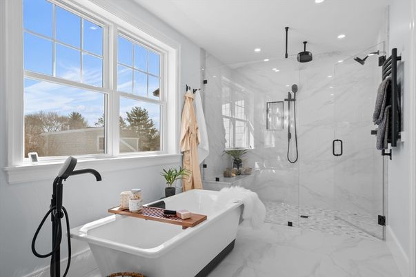 Bathroom, Free Standing Baths, Glass Shower, Interior, Marble, Marble Walls, Recessed Lighting