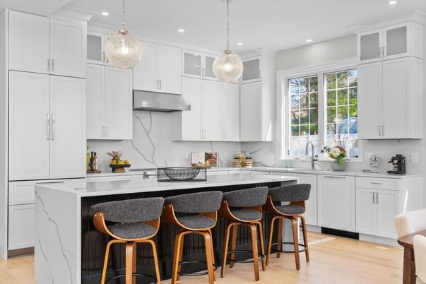 Interior, Kitchen, Marble Walls, Pendant Lights, Recessed Lighting, Stainless Steel Appliances, Wood Texture Flooring