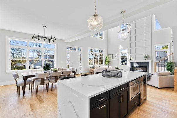 Dining room, Fireplace, Interior, Kitchen, Living room, Pendant Lights, Wood Texture Flooring