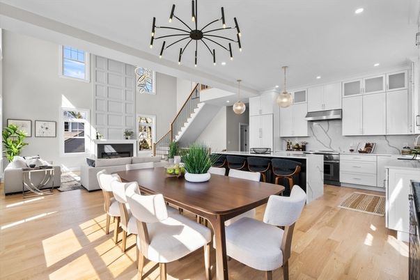 Dining room, Fireplace, Interior, Kitchen, Living room, Pendant Lights, Recessed Lighting, Stainless Steel Appliances, Wood Texture Flooring