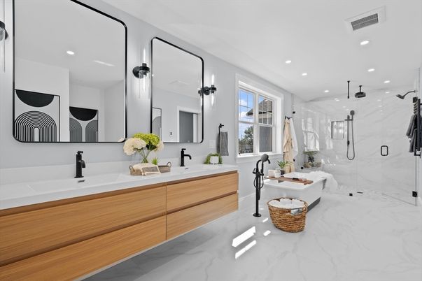 Bathroom, Dual Sink Vanities, Free Standing Baths, Glass Shower, Interior, Marble, Marble Walls, Recessed Lighting