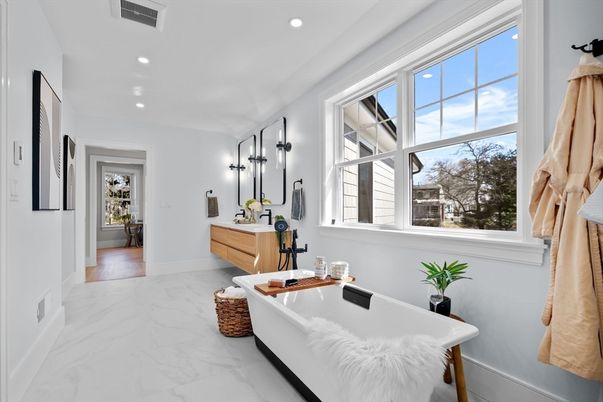 Bathroom, Free Standing Baths, Interior, Marble, Recessed Lighting