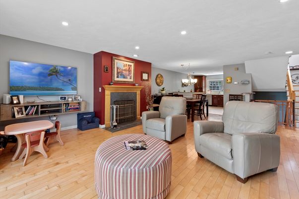 Dining room, Fireplace, Interior, Kitchen, Living room, Pendant Lights, Recessed Lighting, Wood Texture Flooring