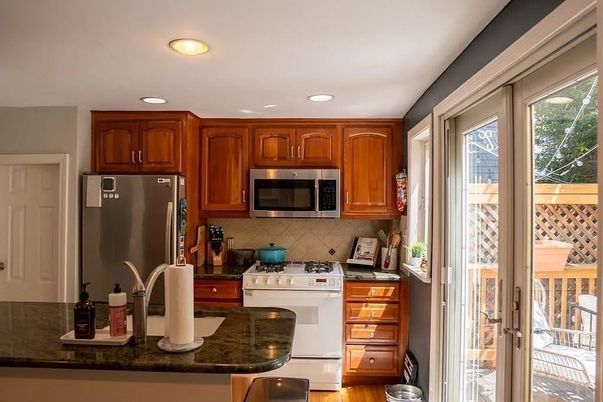 Interior, Kitchen, Recessed Lighting, Stainless Steel Appliances, Wood Texture Flooring