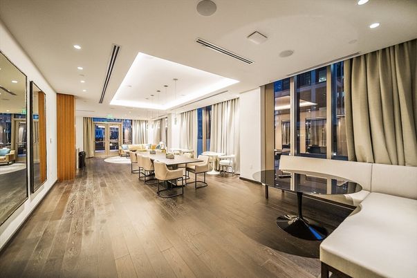 Dining room, Interior, Pendant Lights, Recessed Lighting, Wood Texture Flooring