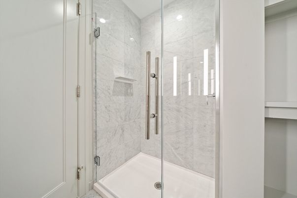 Bathroom, Glass Shower, Interior, Marble Walls, Recessed Lighting