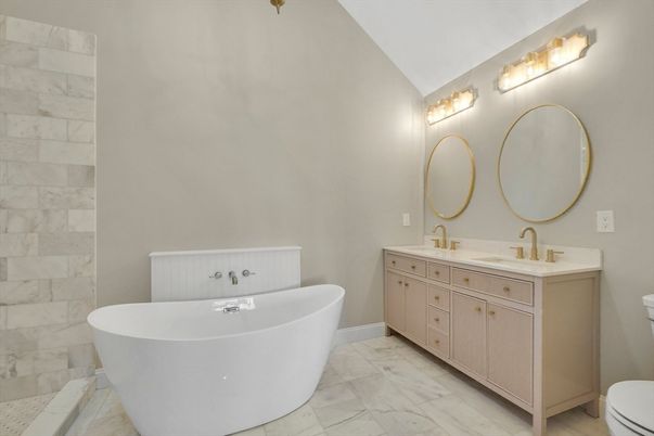 Bathroom, Dual Sink Vanities, Free Standing Baths, Interior, Marble, Marble Walls