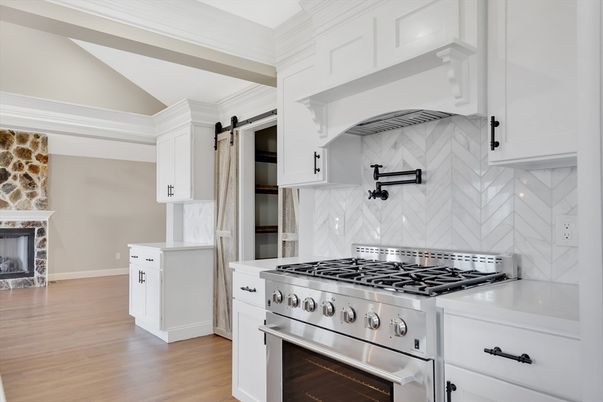 Interior, Kitchen, Marble Walls, Stainless Steel Appliances, Wood Texture Flooring