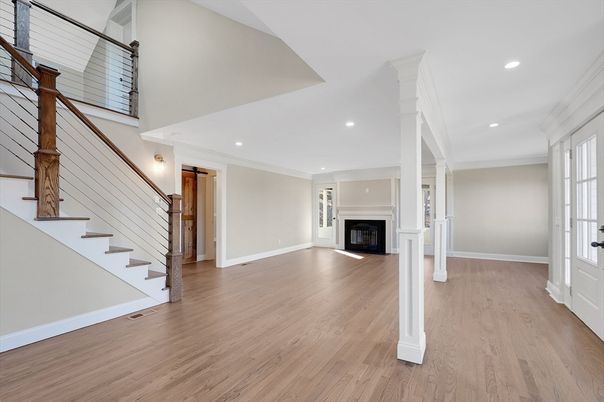 Empty room, Fireplace, Interior, Recessed Lighting, Wood Texture Flooring