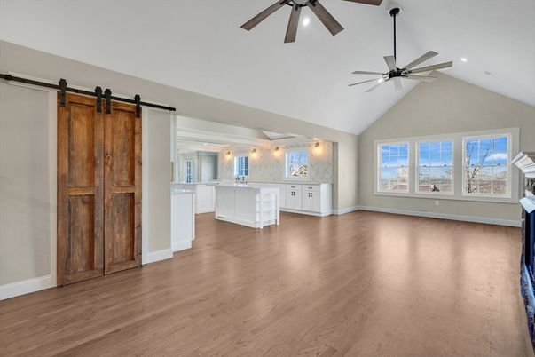 Empty room, Interior, Kitchen, Recessed Lighting, Wood Texture Flooring