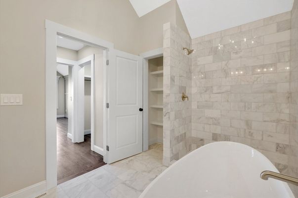 Bathroom, Free Standing Baths, Interior, Marble, Marble Walls, Wood Texture Flooring