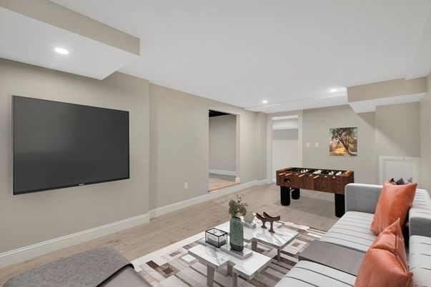 Game Room, Interior, Living room, Recessed Lighting, Wood Texture Flooring