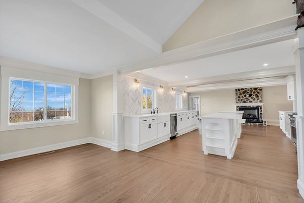 Fireplace, Interior, Kitchen, Recessed Lighting, Wood Texture Flooring