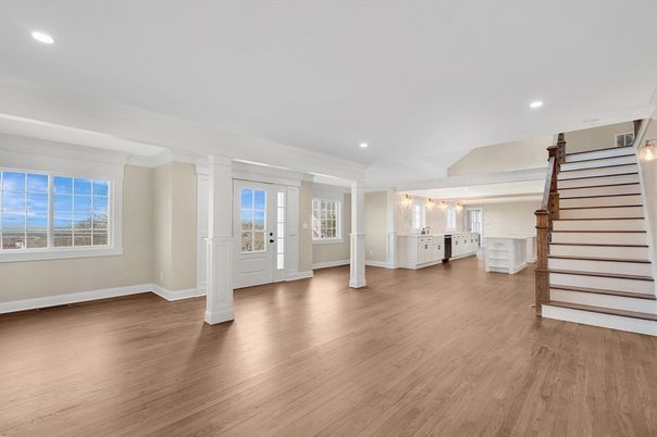 Empty room, Interior, Kitchen, Recessed Lighting, Wood Texture Flooring