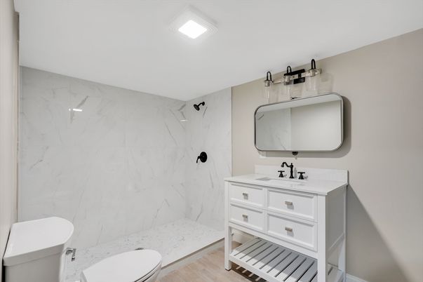 Bathroom, Interior, Marble Walls, Wood Texture Flooring