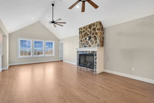 Empty room, Fireplace, Interior, Recessed Lighting, Wood Texture Flooring