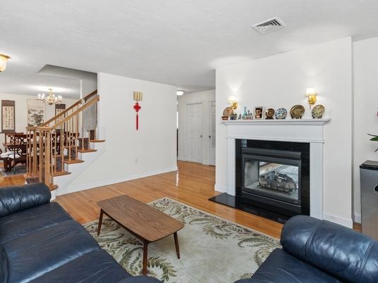 Chandelier, Dining room, Fireplace, Interior, Living room, Wood Texture Flooring