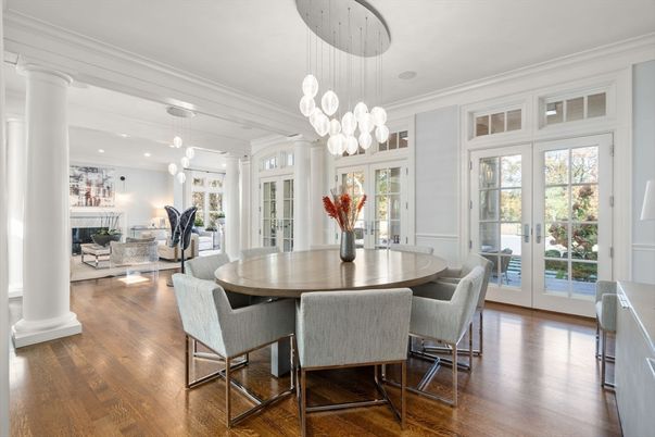 Dining room, Fireplace, Interior, Living room, Pendant Lights, Recessed Lighting, Wood Texture Flooring