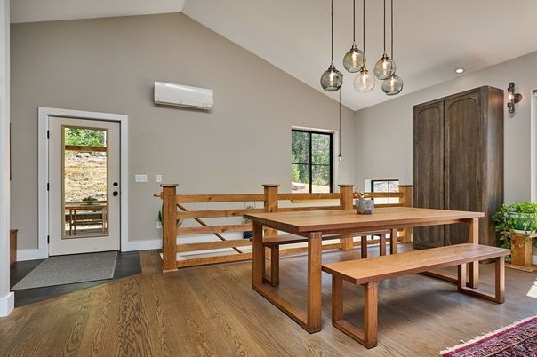 Dining room, Interior, Pendant Lights, Recessed Lighting, Wood Texture Flooring