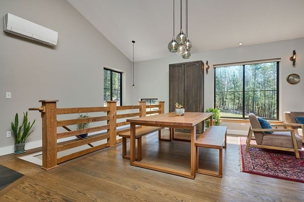 Dining room, Interior, Pendant Lights, Recessed Lighting, Wood Texture Flooring