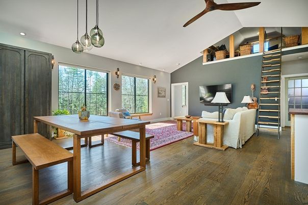 Dining room, Interior, Pendant Lights, Recessed Lighting, Wood Texture Flooring