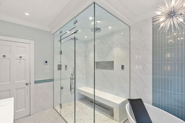 Bathroom, Glass Shower, Interior, Marble Walls, Recessed Lighting