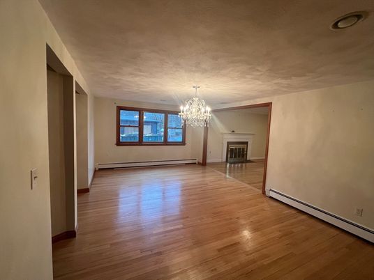 Chandelier, Empty room, Fireplace, Interior, Wood Texture Flooring