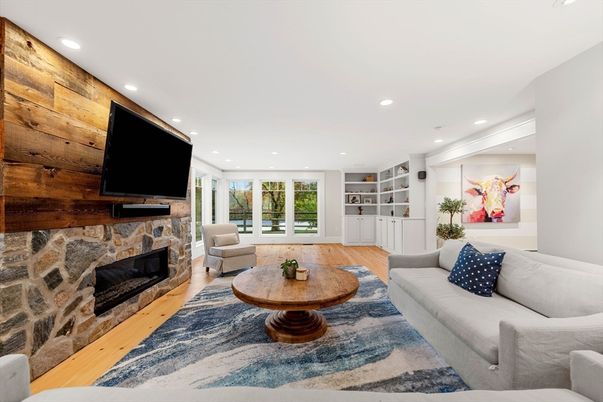 Fireplace, Interior, Living room, Recessed Lighting, Wood Texture Flooring, Wooden Walls