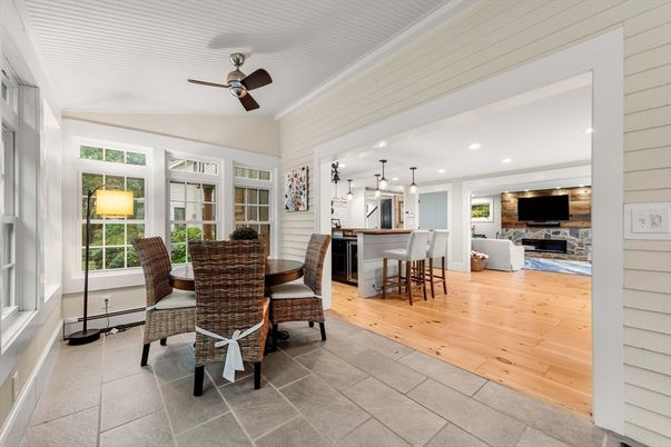 Dining room, Fireplace, Interior, Kitchen, Living room, Pendant Lights, Recessed Lighting, Wood Texture Flooring