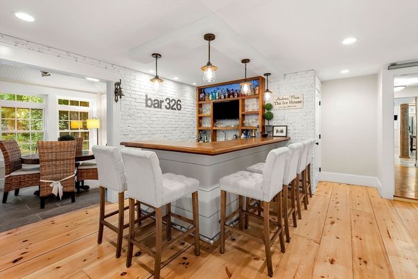 Interior, Pendant Lights, Recessed Lighting, Stone Walls, Wood Texture Flooring