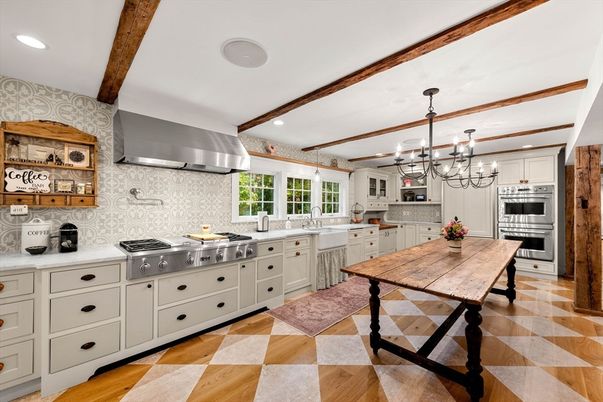 Chandelier, Interior, Kitchen, Recessed Lighting, Stainless Steel Appliances, Wooden Beams, Wood Texture Flooring