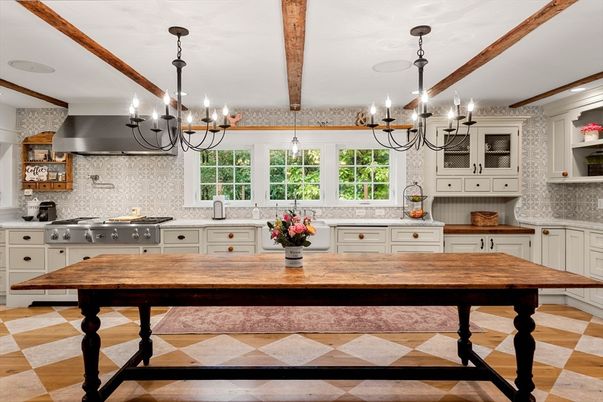 Chandelier, Interior, Kitchen, Pendant Lights, Stainless Steel Appliances, Wooden Beams