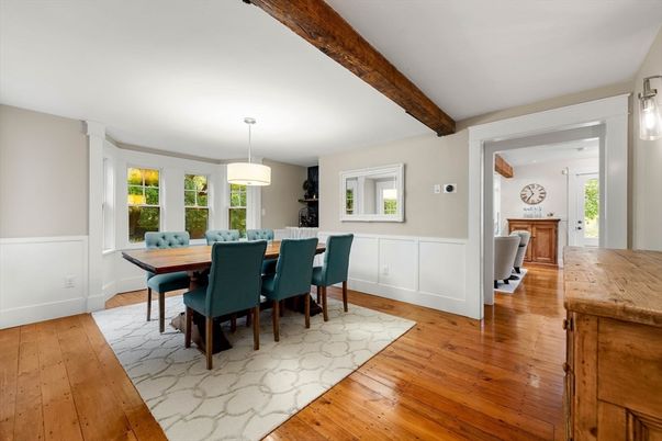Dining room, Interior, Pendant Lights, Wooden Beams, Wood Texture Flooring