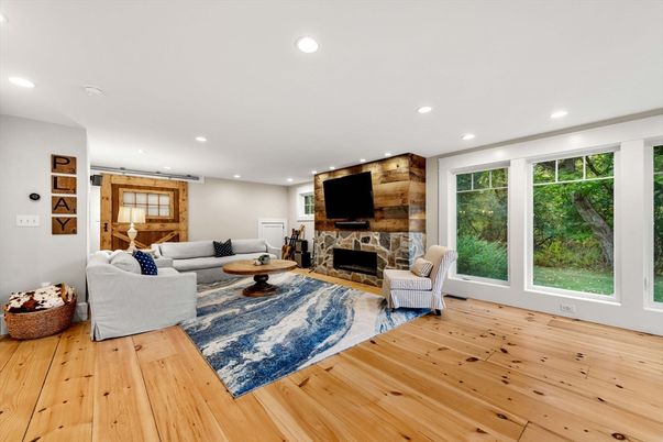 Fireplace, Interior, Living room, Recessed Lighting, Wood Texture Flooring