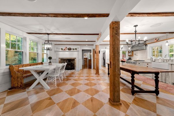 Chandelier, Dining room, Fireplace, Interior, Kitchen, Pendant Lights, Recessed Lighting