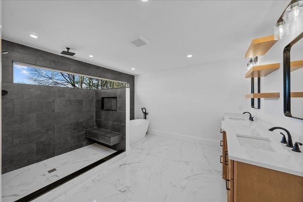 Bathroom, Dual Sink Vanities, Free Standing Baths, Interior, Marble, Recessed Lighting
