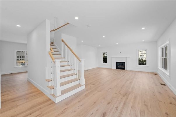 Empty room, Fireplace, Interior, Recessed Lighting, Wood Texture Flooring
